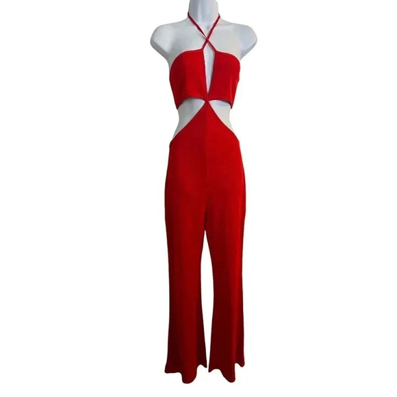 Balmain red knit cut out jumpsuit size 38  Flared Halter Runway 2015 US size 6 - Picture 16 of 16